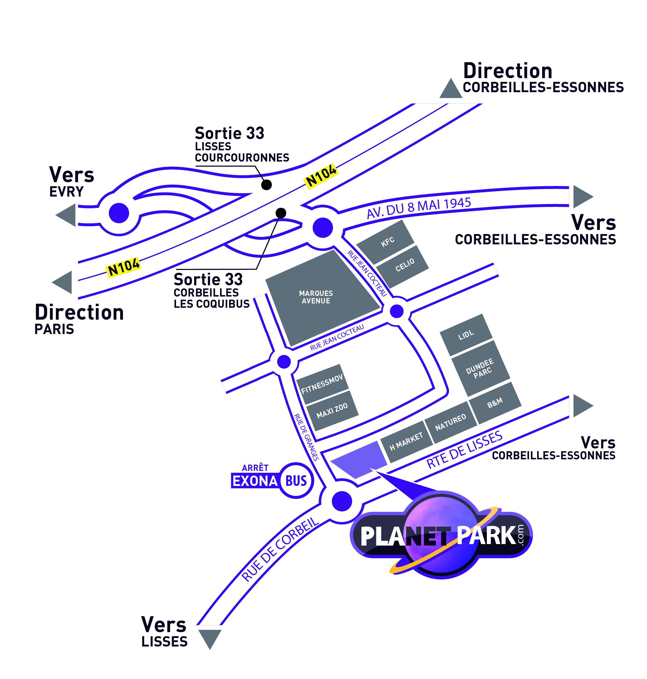 Plan d'accès Planet Park Corbeilles-Essonnes